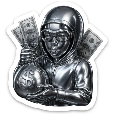 Make the character skinnier and less bulky, with a slimmer build. Remove the question mark from the money bag, leaving only the dollar sign. Make the character look younger, with smoother skin and more youthful facial features. Keep the realistic dollar bills and the chrome suit style. sticker