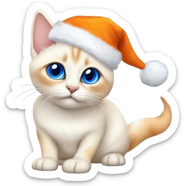 chubby flame point Siamese, white fur with orange accents and blue eyes wearing a Christmas hat ￼ sticker