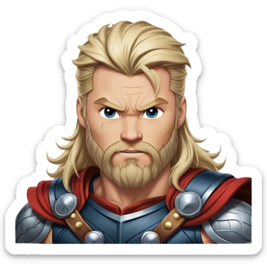 Cinematic Realistic Thor Portrait, depicted with lifelike skin texture and a commanding, muscular build that radiates divine strength. His piercing eyes, framed by rugged, flowing hair and a well-groomed beard, exude both determination and amiable authority. Clad in his signature armor with subtle hints of mystical lightning, the portrait is rendered in dynamic natural lighting with a radiant, heroic glow. sticker