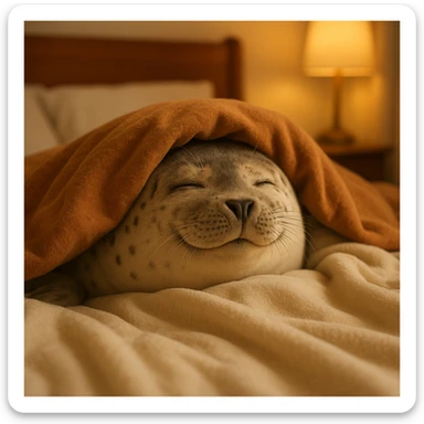 a cozy seal snuggled in bed with soft blankets, warm and peaceful atmosphere sticker