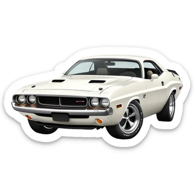 White 1971 Dodge Challenger with sharp details, precise three-quarter view at 30 degrees, accurate muscle car proportions, visible front bumper and fender, pure white finish, iOS emoji style sticker