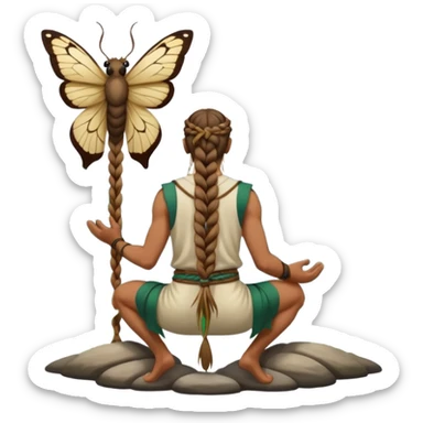 full body druid man, tan skin, long braid, from behind kneeling at lake edge, moths behind shoulders sticker