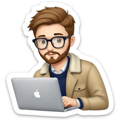 college stylish British  hipster man with MacBook with glasses sticker