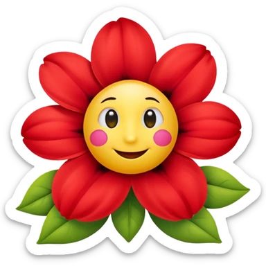 A flower with round yellow face with soft gradients, large glossy black cartoon eyes, and a simple curved smile. Surrounding bright red inflated petals with smooth shading and soft reflections. sticker