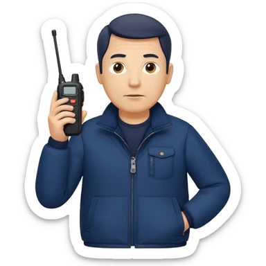 Security, Middle-aged, wearing navy blue jacket, serious facial expression, holding holding walkie-talkie, full body sticker