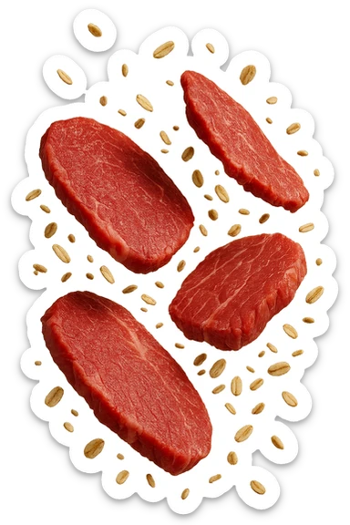 FETTINE DI CARNE FLUTTUANO IN ARIA INSIEME A FIOCCHI DI AVENA, IPERREALISTICO 4K sticker