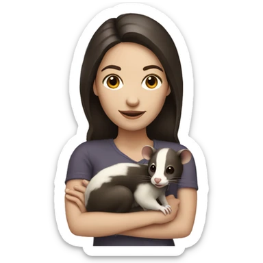 White woman dark brown hair holding opossum sticker