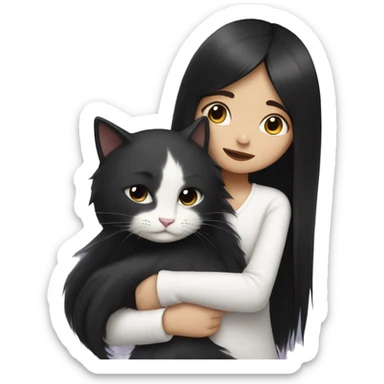 girl with very long black hair and  hugging a white cat sticker