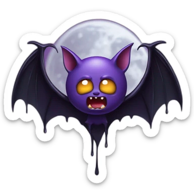 mad face purple black vampire bat wings flying in front of large dripping crescent moon sticker