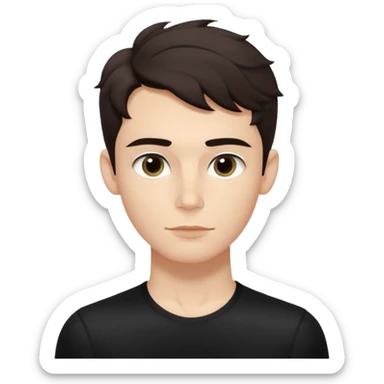 Minimalist emoji of a slender young man doing pilates, smooth rounded face, high cheekbones, almond eyes with dark brows, small button nose, soft lips, defined jawline, tousled dark wavy medium hair, boyish beauty, cute and expressive, flat colors, simple shading. Black accent outfit. sticker
