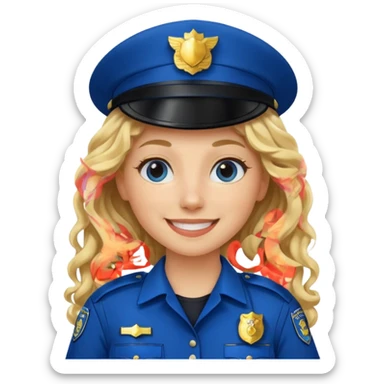 Female POLICE IN blue, long blonde curly hair, happy smile sticker