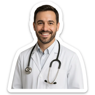 doctor, medical professional, stethoscope, friendly expression, white coat sticker
