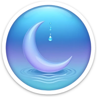 Minimalist pastel emoji of a crescent moon resting inside a glowing blue water droplet with soft ripples and a lavender-mint glow aura, smooth gradients, gentle lighting, ASMR aesthetic. sticker