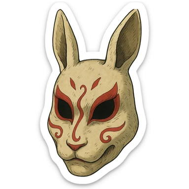 ghibli style evil white rabbit mask with red accents, intricate details sticker