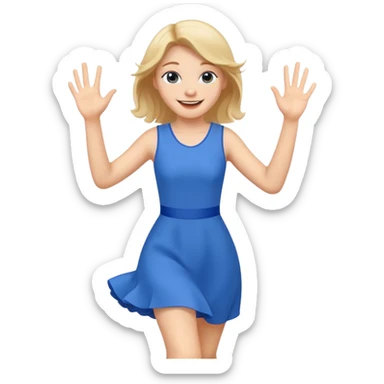 A girl in a blue dress runs and waves hello sticker