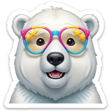 head and shoulders of a friendly anthropomorphised polar bear wearing oversized colorful star glasses, excited expression sticker