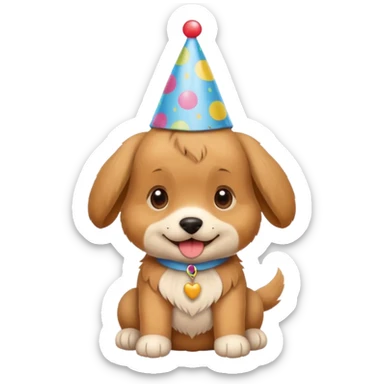 happy 1-year-old puppy sitting with birthday hat sticker