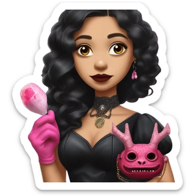provocatively flirty Lavish black evening gown with see-through gloves, Jenna Ortega as Addams woman prom queen wearing a steampunk mini tiara, very large blood  pink evil-looking horned old dragon purse sticker