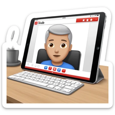 An iPad lying on a desk. On the iPad screen, a YouTube video is playing. The video shows a man talking to camera. The YouTube interface is visible with play bar and title. sticker