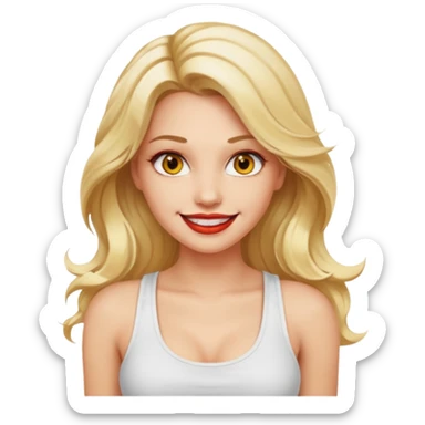 a woman with white tank top and smile, her hair is long wavy blonde hair, her face is baddie girl style, her eyes color are yellow and the color of her lip is soft red sticker