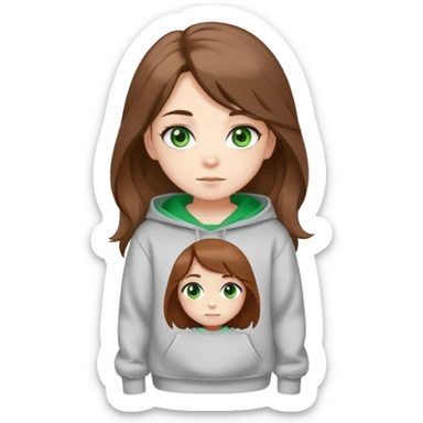 Chibi girl with green eyes, long brown unruly hair, S-With shaped eyebrows. Dressed in a sweatshirt. Says hello.  sticker