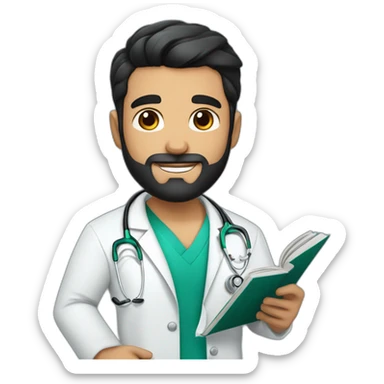 young spanish surgeon with black hair, black beard and stethoscope,reading a book sticker