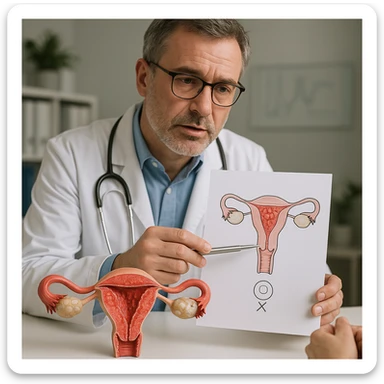 realistic image of uterus with inflamed endometrium and ovarian cysts, doctor explaining with diagram why embryo cannot implant, professional atmosphere, medical details sticker