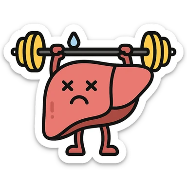 cartoon liver character carrying heavy weights, tired face, healthcare icon, soft red and brown tones sticker