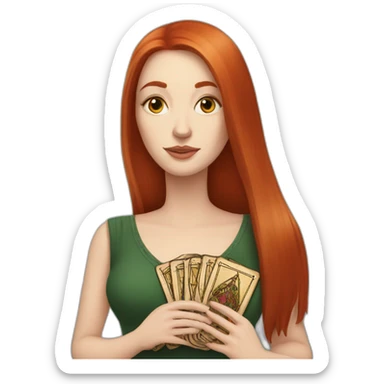 redhead white woman medium long straight hair, holding a tarot card in her hand sticker