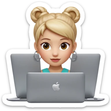 3D Apple Memoji–style emoji, female character with high bun and hoop earrings, peeking over a silver laptop, soft lighting, smooth plastic texture, transparent PNG, 4K. sticker