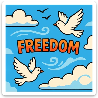 the concept of freedom, open sky with clouds, cartoon style sticker