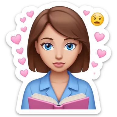female writer with emoji face, brown hair and blue eyes writing a light pink romance novel sticker