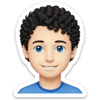 boy, young face like 18 years, blue eyes, medium curly hair black, easy smile sticker