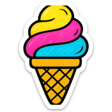 A bright and cheerful icon of a rainbow-colored ice cream cone sticker