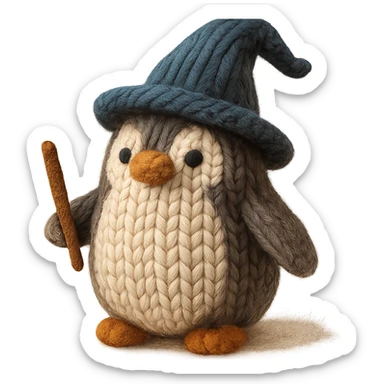 {
  "style_description": {
    "overall_look": "Hand-knitted, cozy and tactile aesthetic resembling wool or yarn craft",
    "material_simulation": {
      "primary_material": "wool yarn",
      "texture_detail": "clearly defined knit stitches with soft loops and fiber fuzziness",
      "pattern": "stockinette knit texture with natural irregularities"
    },
    "geometry": {
      "edge_style": "rounded edges with slight imperfection, simulating hand-crafted softness",
      "dimensionality": "three-dimensional appearance with realistic layering of yarn strands"
    },
    "lighting": {
      "type": "soft, diffused lighting",
      "purpose": "highlight the depth and texture of the knit material without harsh shadows"
    },
    "render_constraints": {
      "avoid": ["flat design", "synthetic appearance", "glossy finishes"],
      "focus_on": ["fiber texture", "tactile quality", "handmade look"]
    },
    "background": {
      "color": "cream white",
      "style": "plain and neutral",
      "lighting_consistency": "matches soft diffused lighting of subject to maintain cohesive appearance"
    },
    "theme": "warm, crafted, comforting"
  }
}

{subject} = penguin wizard sticker