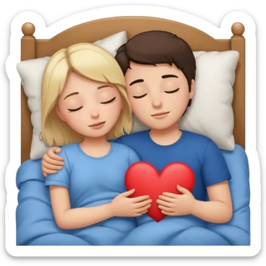 cuddling in bed, asleep. blonde girl. brunette boy. eyes closed. heart between them. sticker