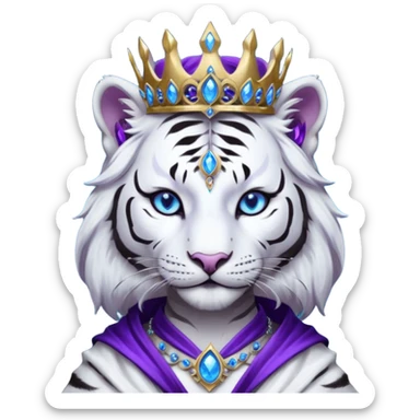 ESO Female white/black tiger khajiit leader of the umbral rose, glowing blue eyes, glowing blue 'third eye' gem; silver crown/tiara with purple gems  sticker