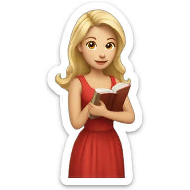 Mujer con un libro, rubia con cabello rizado y vestido rojo sticker