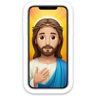 iPhone screen showing a digital painting of Jesus, clearly visible on the phone display sticker