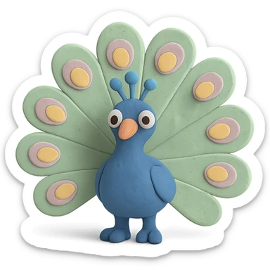 peacock with fanned colorful feathers, visible fingerprints, pastel colors, claymation style sticker
