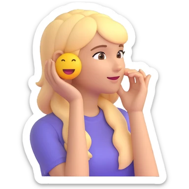 girl listening to viewer, side view, hand to ear, emoji style, with blonde hair sticker
