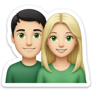 Smiling couple of blonde girl with long hair green eyes and boy with short black hair and green eyes sticker
