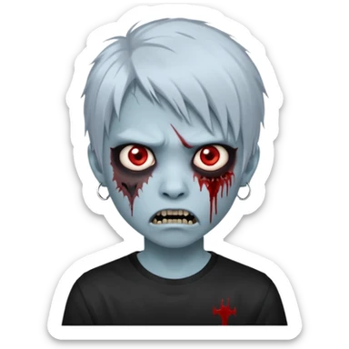  3D emoji-style avatar with very pale blue-grey zombie skin , a young Asian face, and large eyes with blood tears. Give it white litle bit messy mullet hair style , silver hoop earrings, and a plain black T-shirt. The face expression should be slightly angry, with vampire fang sticker