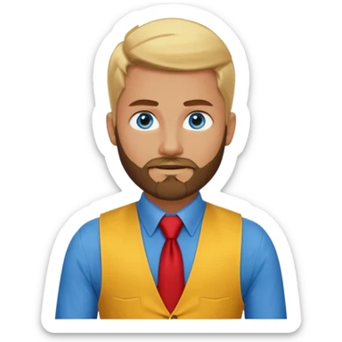 A blond brown man , blue eyes, beard brown wearing a black dress shirt, red tights, and a yellow tie. A red vest over the black shirt. sticker
