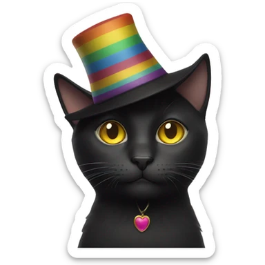 Black cat with yellow eyes and a rainbow hat on top sticker