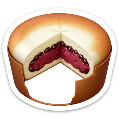 A soft round mochi cut in half, showing the filling inside (red bean paste or pink/white filling), outer layer is white and slightly stretchy-looking, smooth and pillowy texture, simple flat design style, centered on transparent background.
 sticker