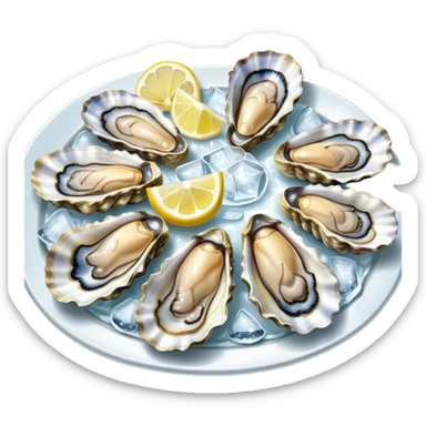 Cinematic fresh oysters on the half-shell, glistening with seawater, served with lemon wedges and ice, soft glowing highlights, elegant and luxurious. sticker