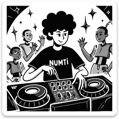 humanoid robot DJ at a neon-lit party, wearing a black t-shirt with glowing 'NUMTI' text, DJ booth featuring LED waveforms, lasers, and smoke, dancing robots and holographic displays in the background, energetic and futuristic scene emphasizing creativity sticker
