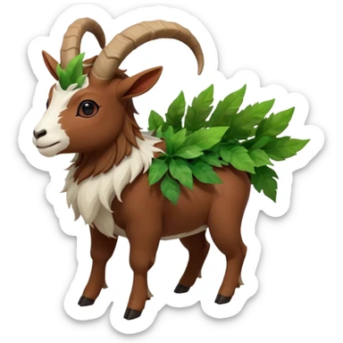 A kid riding on gogoat the quadrupedal, goat-like Pokémon with a brown, furry body and a leafy, green mane that extends down its back. It has large, black, curved horns, white fur on its face, a black nose, and red eyes. Its legs are shorter and lighter in color around the feet, back sticker