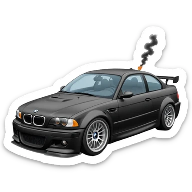 
A BMW M3 E46 is drifting through a corner, with a slight wisp of smoke coming from the rear and the wheels positioned at an angle relative to the turn.Road can see clearly  sticker
